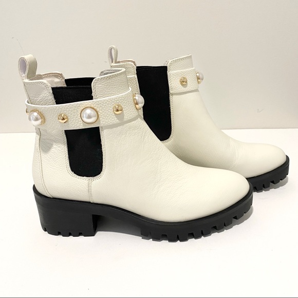 KARL LAGERFELD Pola Leather Off White Pearl Stud Ankle Strap Chelsea Booties NWT - Picture 3 of 16